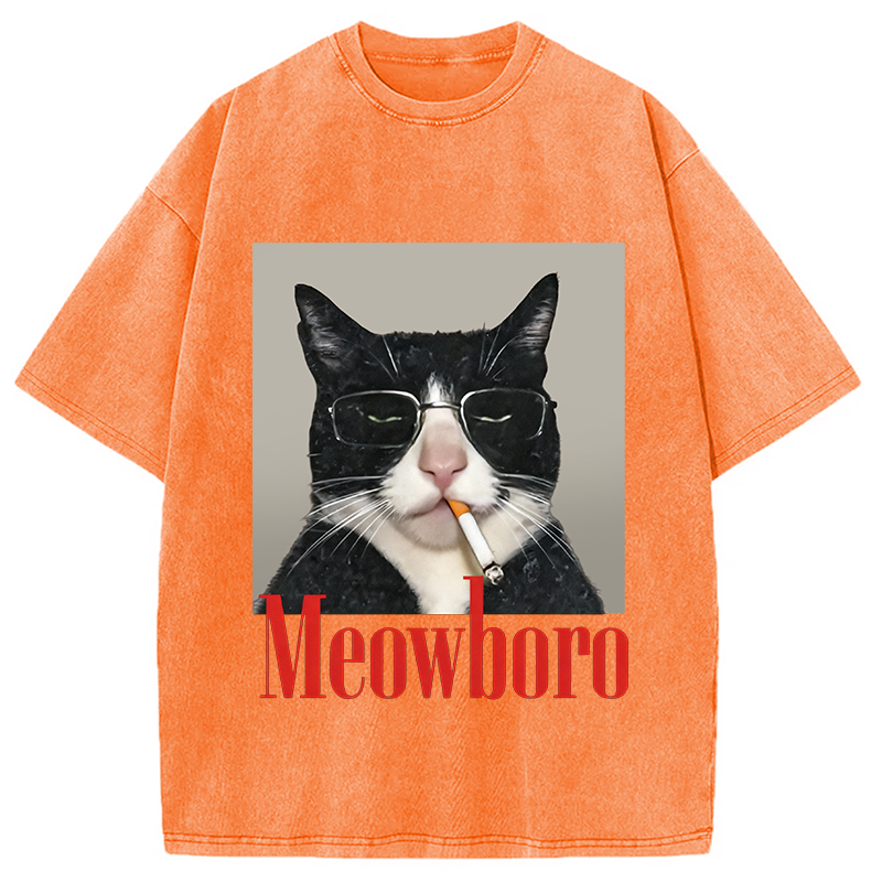 Modecanvas Funny Cat Smoking Cigarette Meme Washed T-Shirt