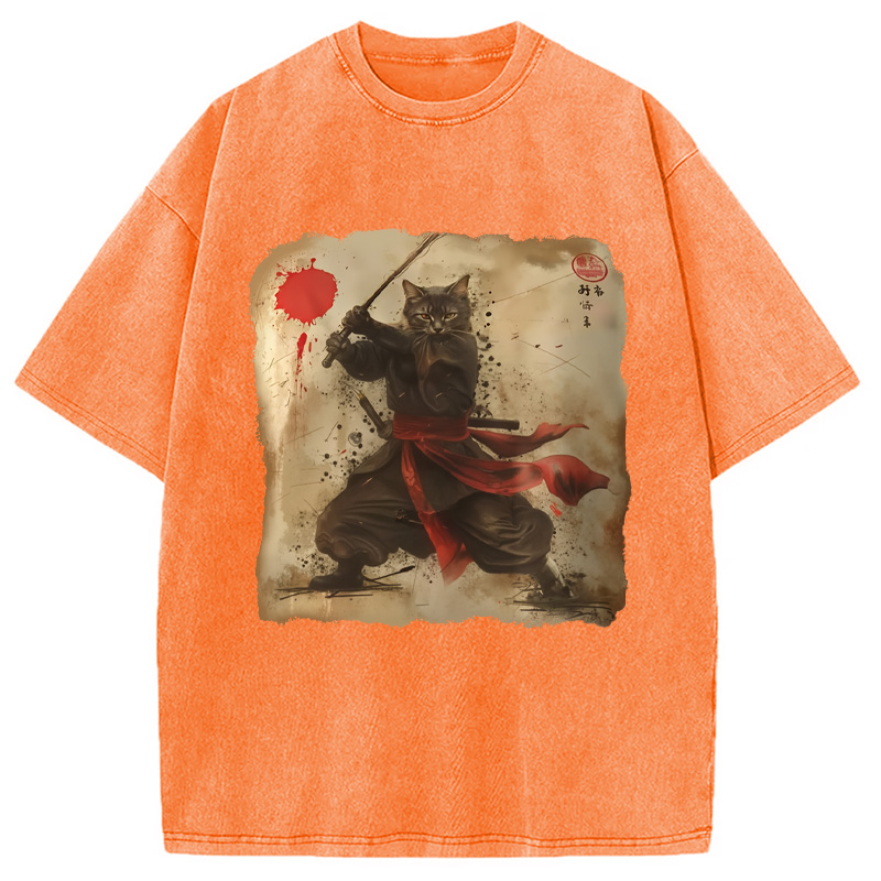 Modecanvas Vintage Samurai Cat Washed T-Shirt