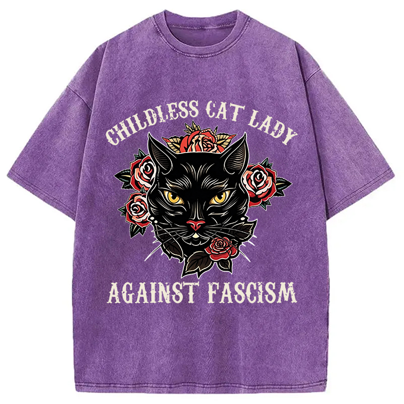Modecanvas Childless Cat Lady Against Fascism Funny Cat Meme DTG Printing Washed T-Shirt