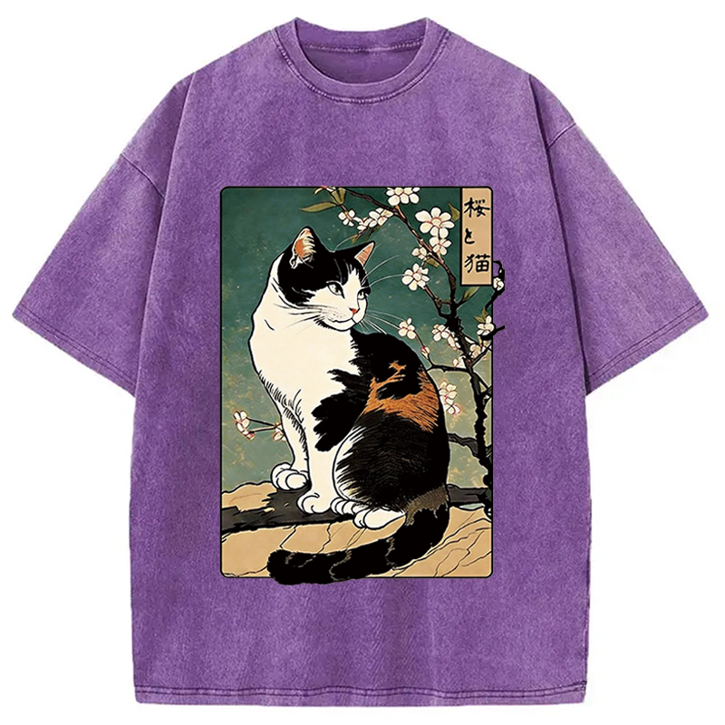 Modecanvas The Cat Under the Sakura DTG Printing Washed T-Shirt-modecanvas