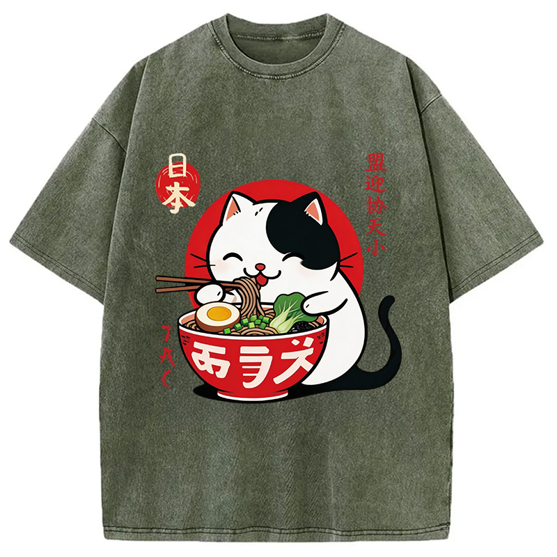 Modecanvas Japanese Ramen Cat DTG Printing Washed T-Shirt