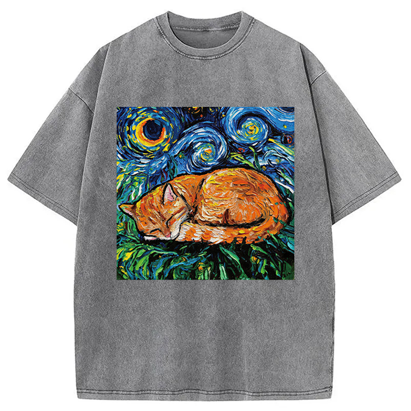 Modecanvas Orange Tabby Night full DTG Printing Washed T-Shirt