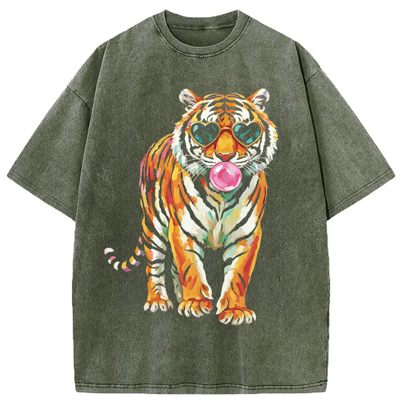 Modecanvas Tiger Cute Animal DTG Printing Washed T-Shirt