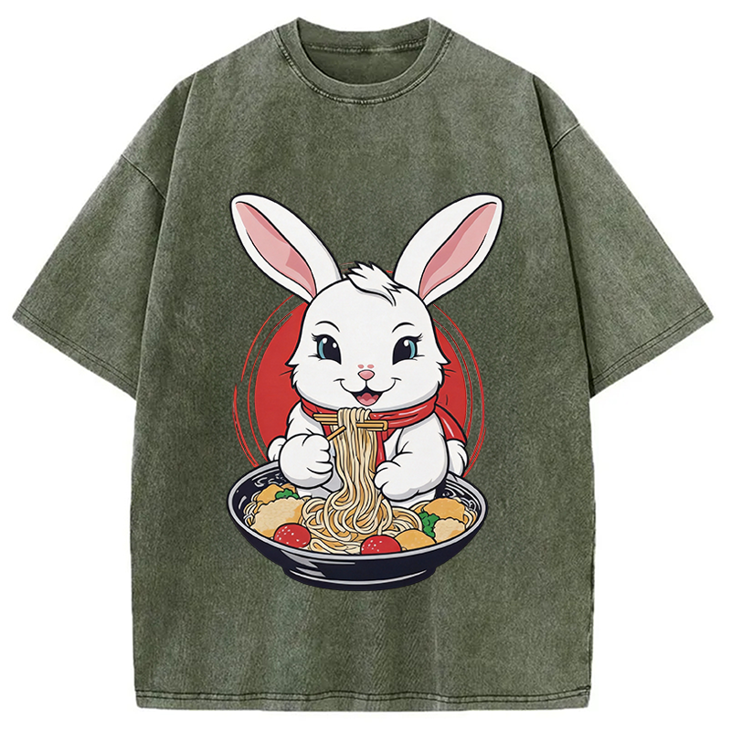 Modecanvas Cute Kawaii Rabbit Eating Ramen DTG Printing Washed T-Shirt