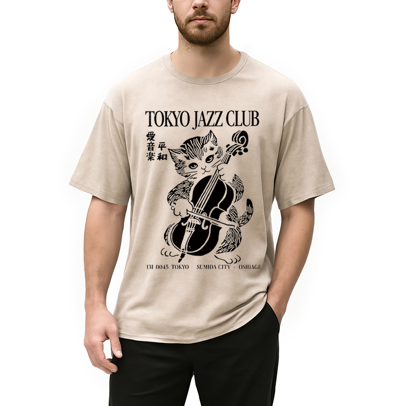 Modecanvas Tokyo Jazz Kitty DTG Printing Washed T-Shirt