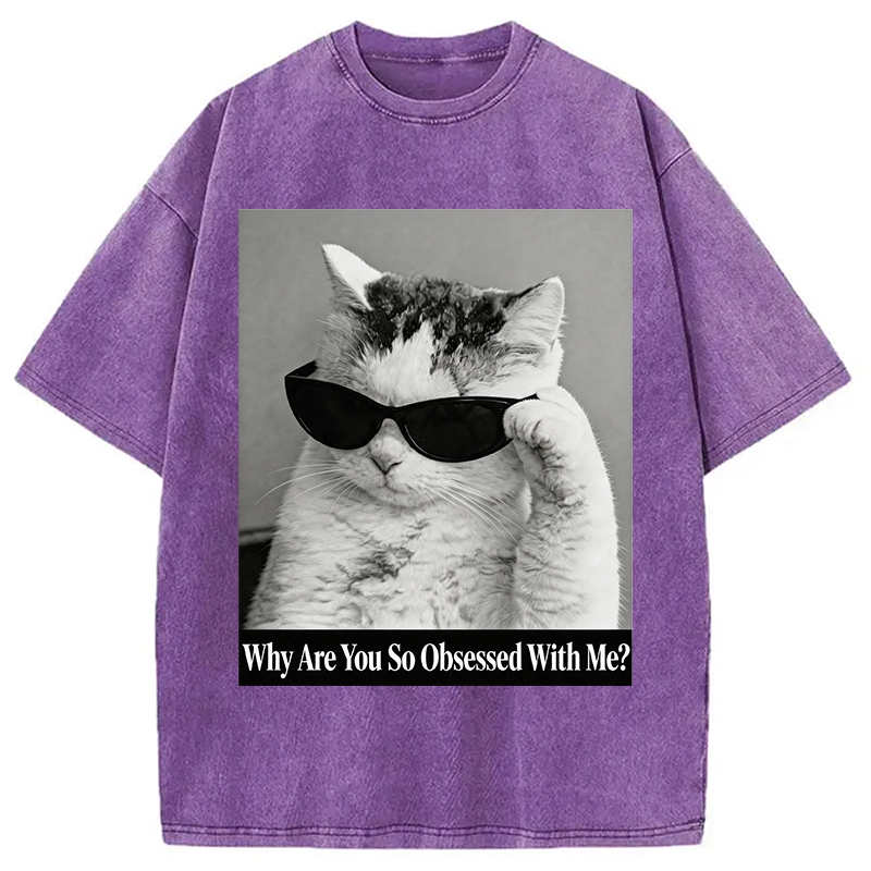 Modecanvas Why Are You So Obsessed WIth Me? Cat Meme DTG Printing Washed T-Shirt