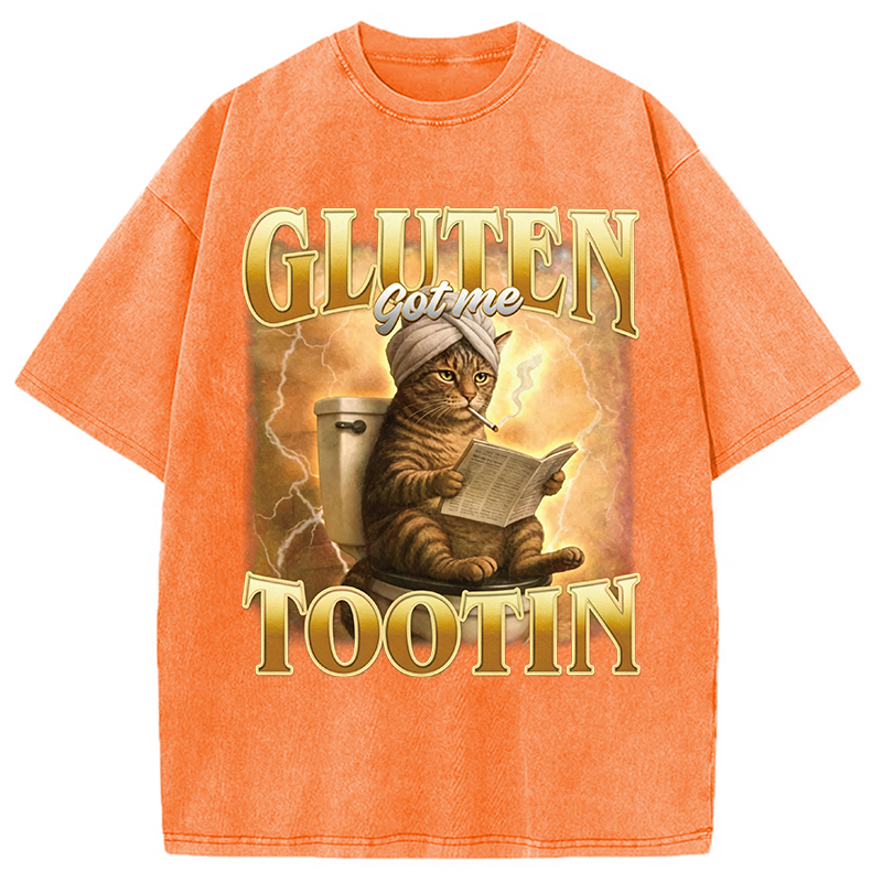Modecanvas Gluten Got Me Tootin Funny Cat Meme DTG Printing Washed T-Shirt
