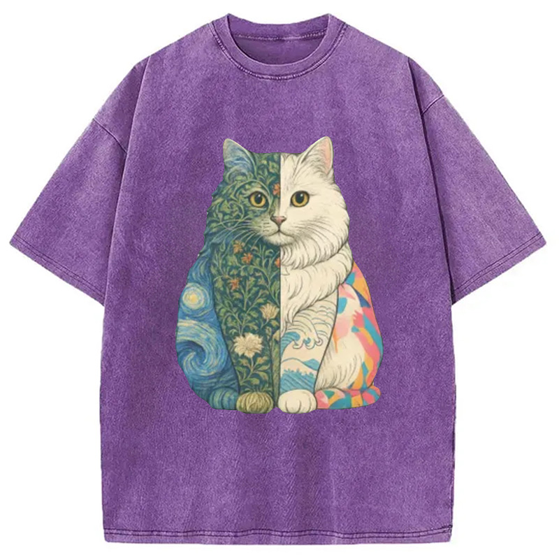 Modecanvas Van Gogh Art Cat Washed T-Shirt