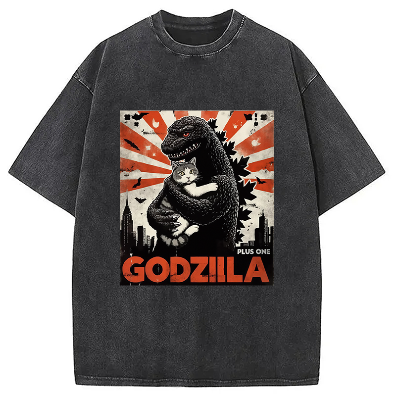 Modecanvas Catzilla Funny Monster And Cat Vintage Washed T-Shirt