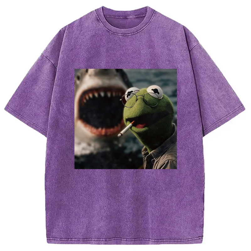 Modecanvas Smoking Frog Meme DTG Printing Washed T-Shirt-modecanvas