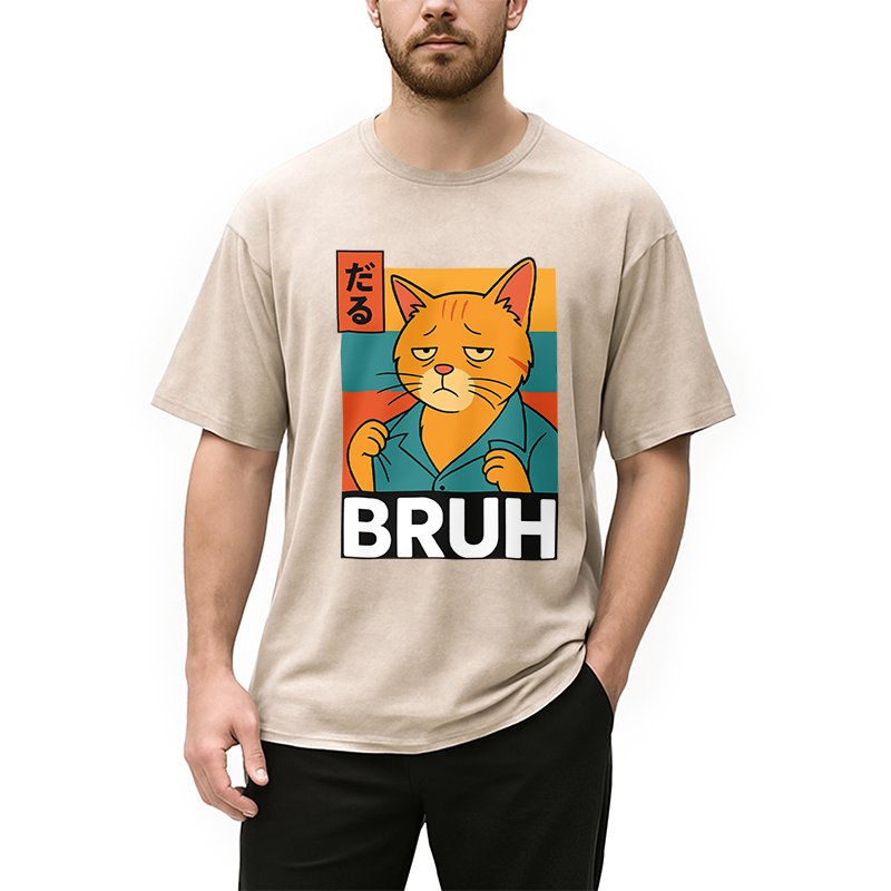 Modecanvas Funny Cat Bruh Meme Washed T-Shirt