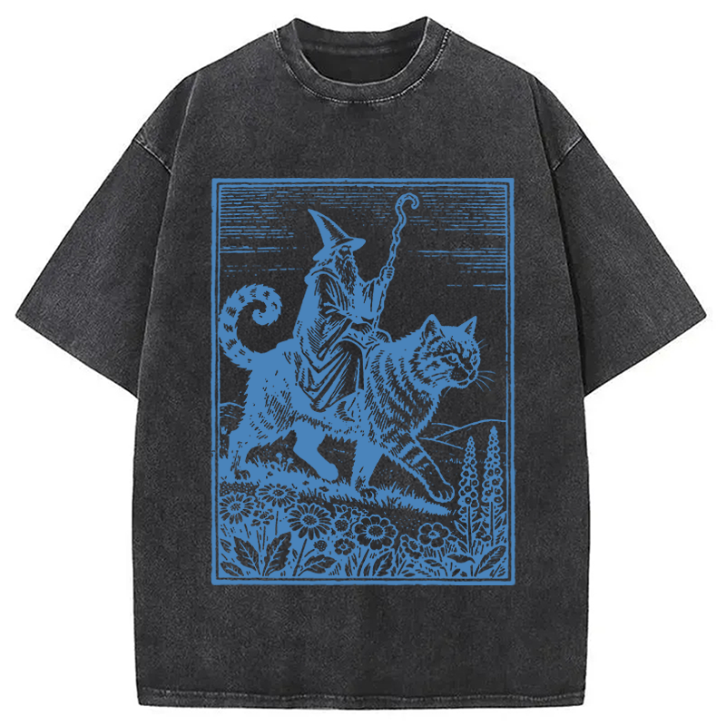 Modecanvas Wizard Cat Rider Vintage DTG Printing Washed T-Shirt