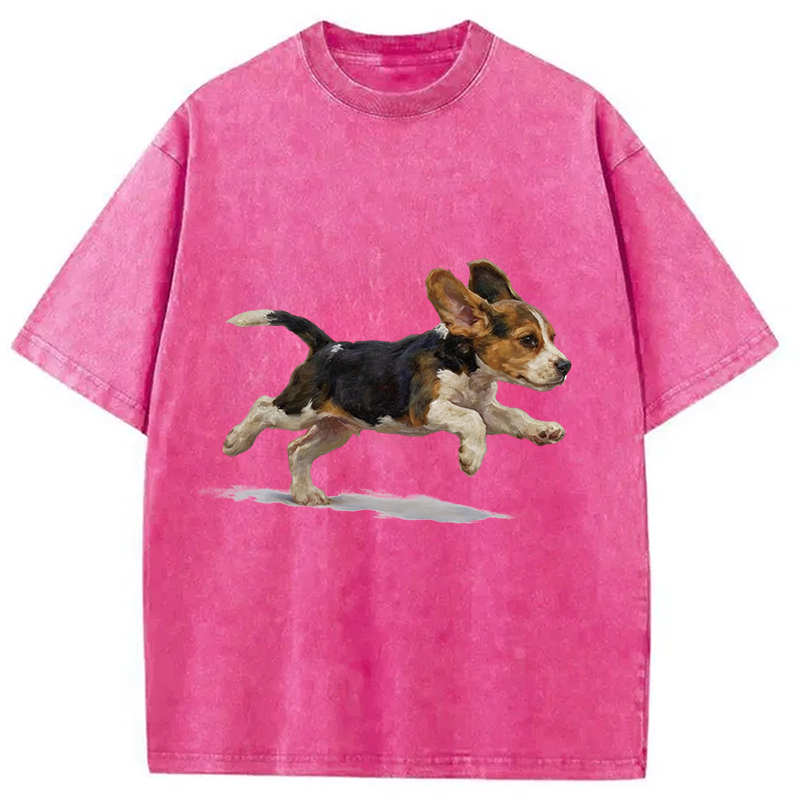 Modecanvas Funny Cute Running Beagle Puppy DTG Printing Washed T-Shirt