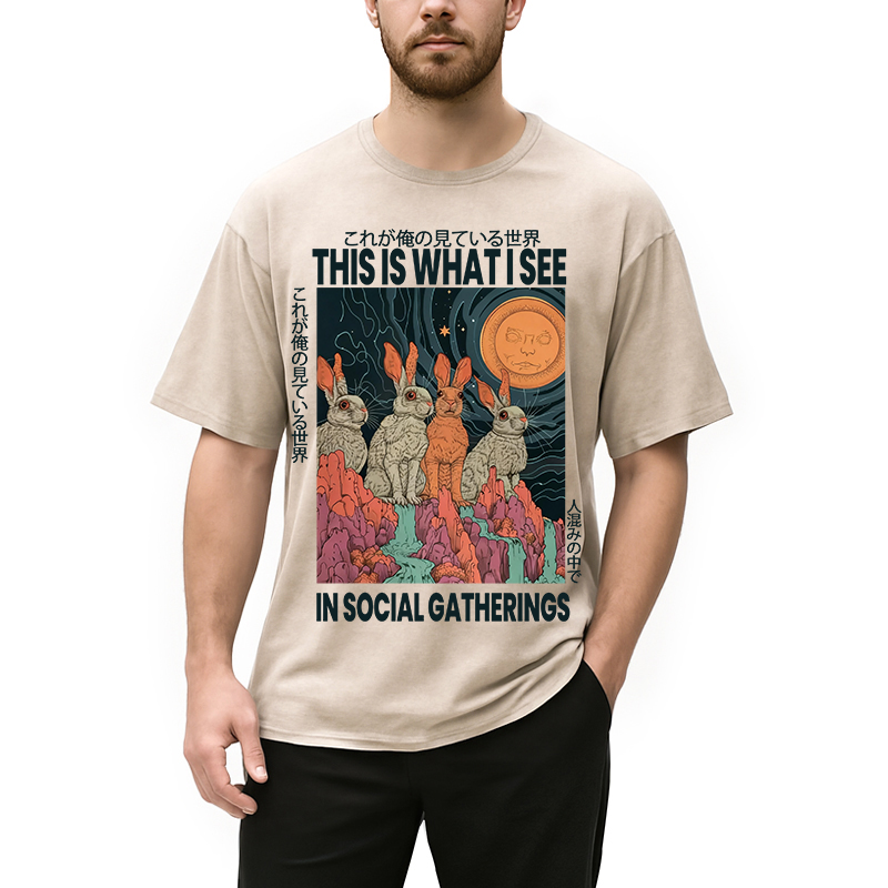 Modecanvas Funny Rabbit Japanese Social Anxiety DTG Printing Washed T-Shirt-modecanvas