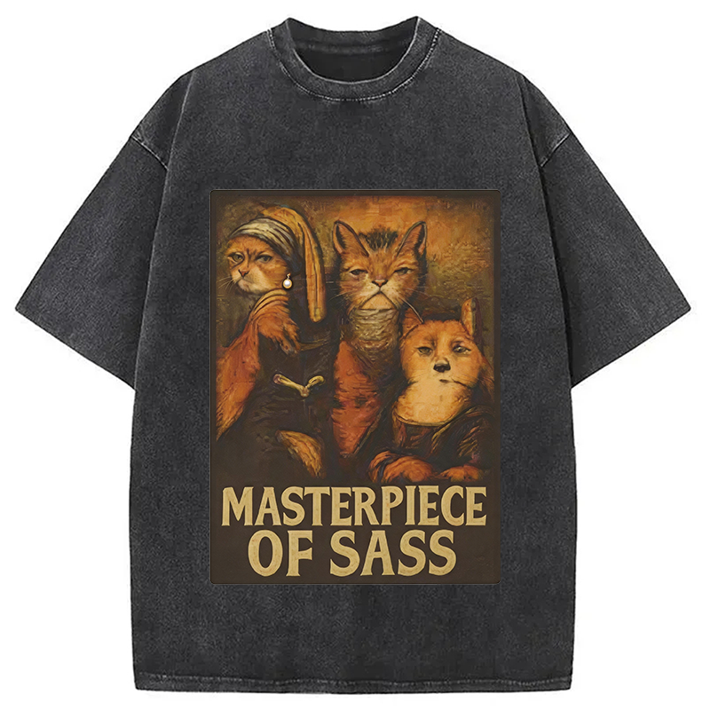 Modecanvas Funny Cat Parody DTG Printing Washed T-Shirt