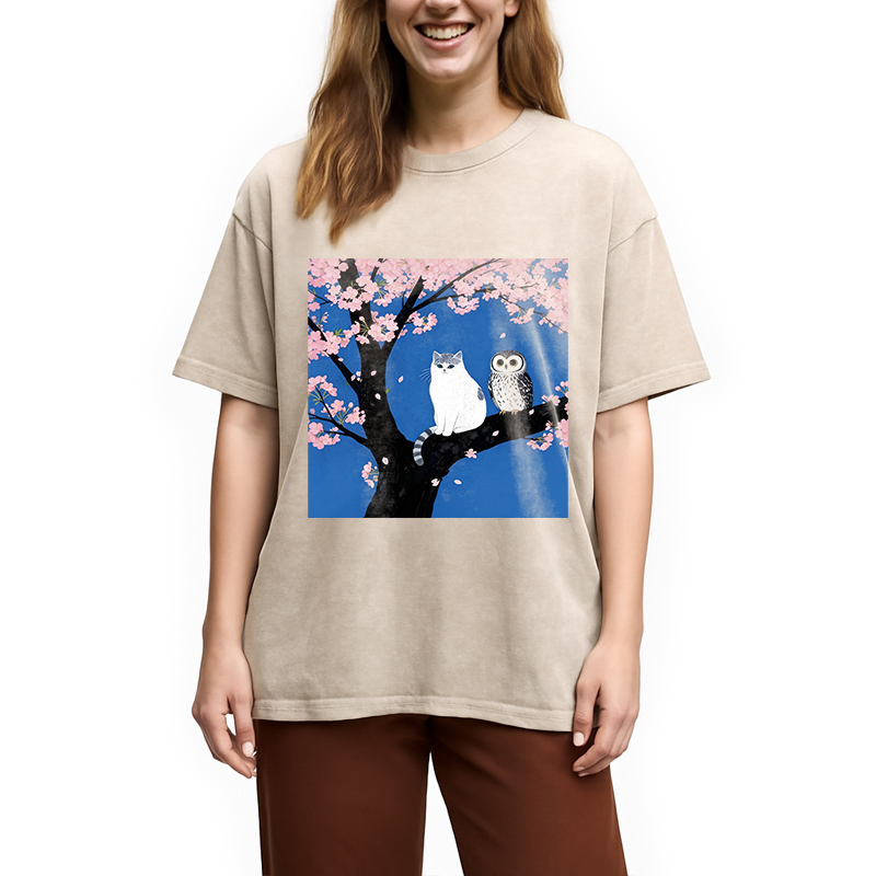 Modecanvas Cat And Owl Under Sakura DTG Printing Washed T-Shirt