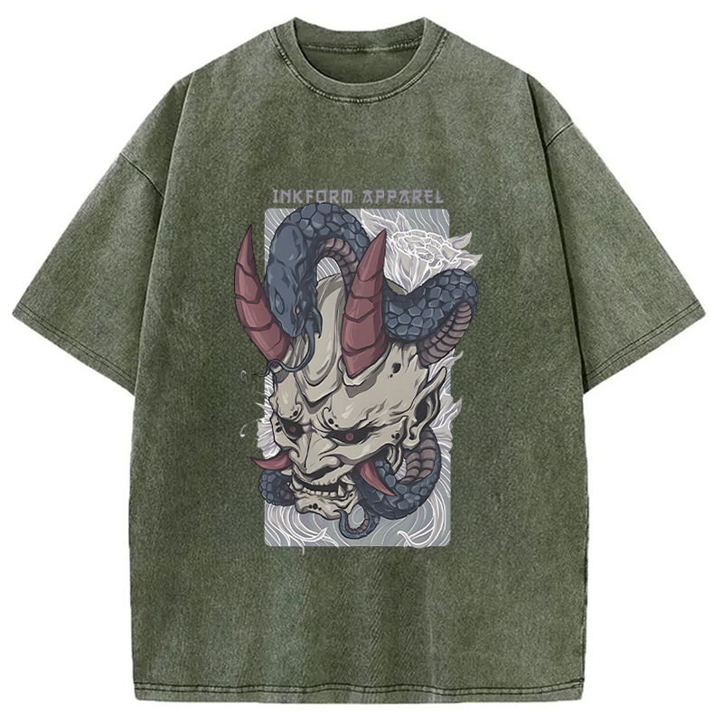 Modecanvas White Oni Mask with Snake Washed T-Shirt