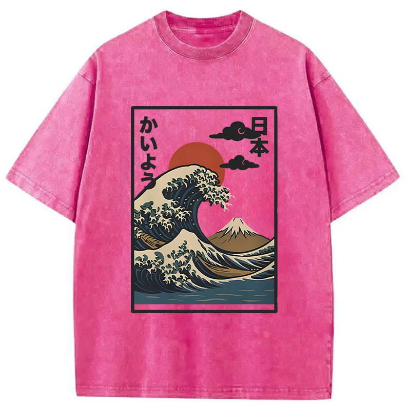 Modecanvas Ocean Wave Sun Japan Washed T-Shirt