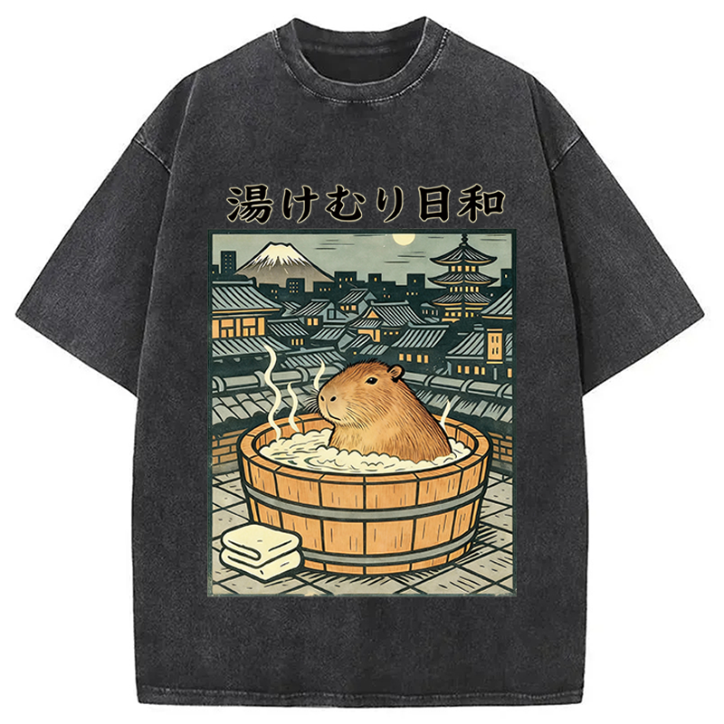 Modecanvas Capybara Bath DTG Printing Washed T-Shirt