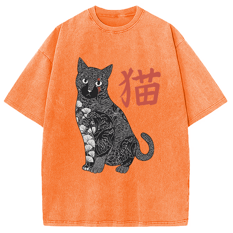 Modecanvas Tattooed Cat Japanese Vintage Washed T-Shirt