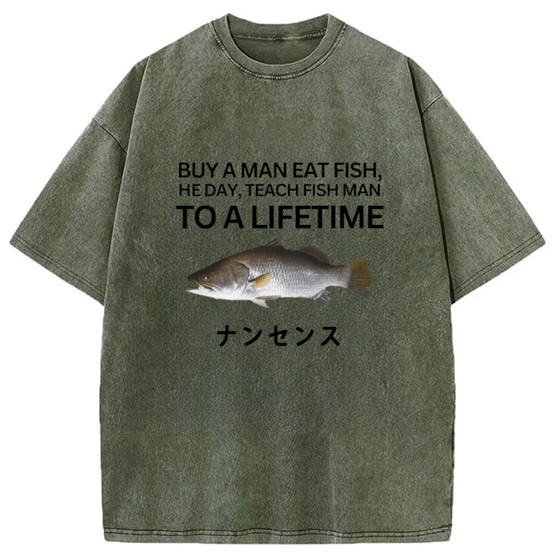 Modecanvas Buy a Man Eat Fish Washed T-Shirt-modecanvas