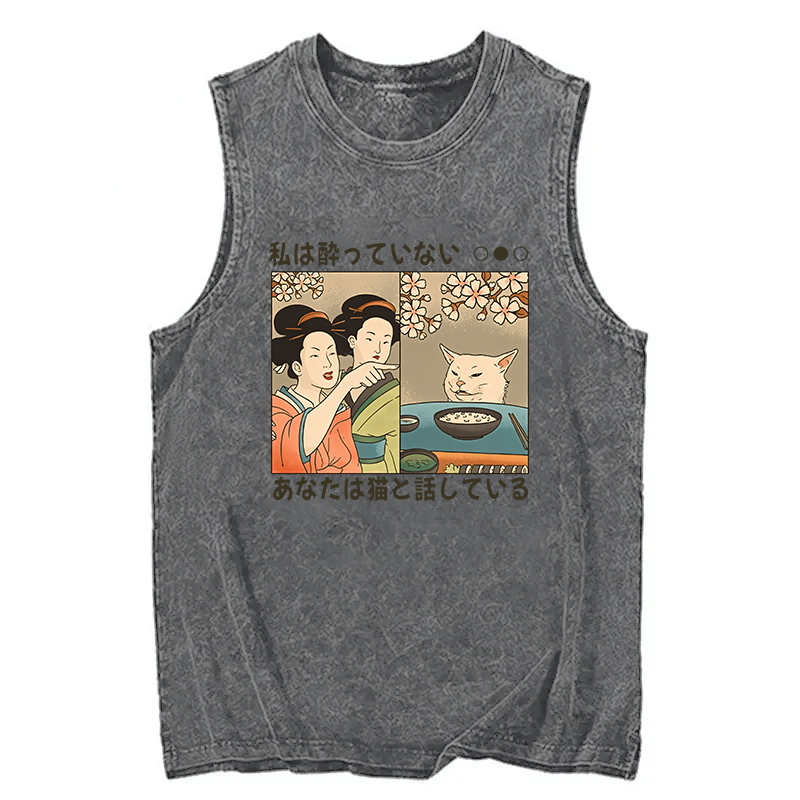 Modecanvas Japanese Woman Shouting at a Cat DTG Printing Washed Tank-modecanvas