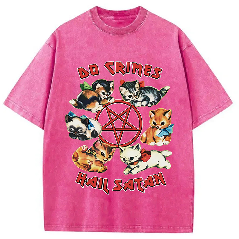 Modecanvas Cute Cats Do Crimes Hail Satan DTG Printing Washed T-Shirt