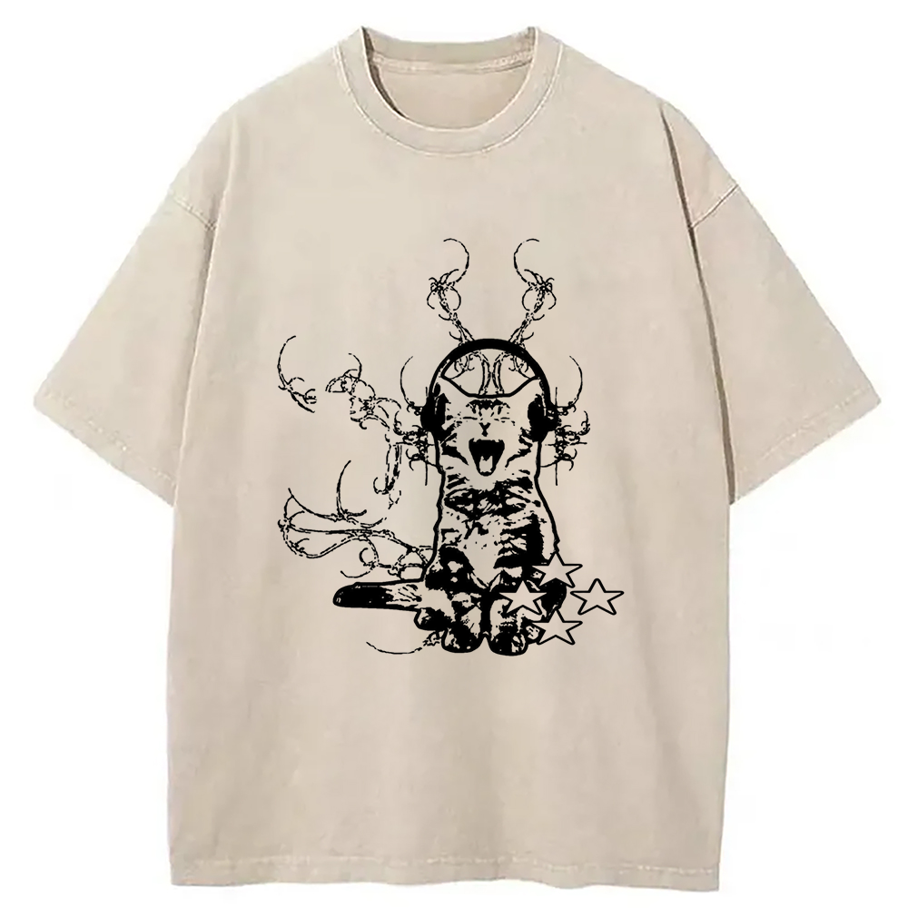 Modecanvas Funny Music Cat Washed T-Shirt
