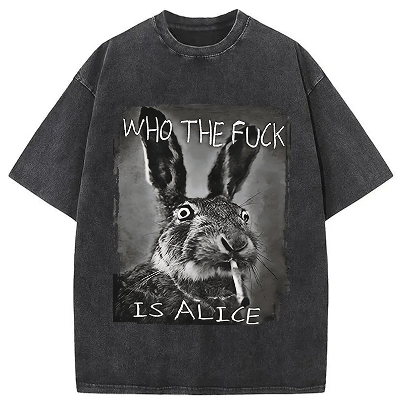 Modecanvas Who The F*ck Is Alice Rabbit Funny DTG Printing Washed T-Shirt-modecanvas