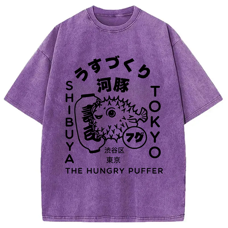 Modecanvas Japanese Puffer Fish Tokyo Food DTG Printing Washed T-Shirt