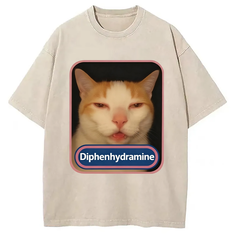 Modecanvas Pink Diphenhydramine Meme Cat Washed T-Shirt-modecanvas