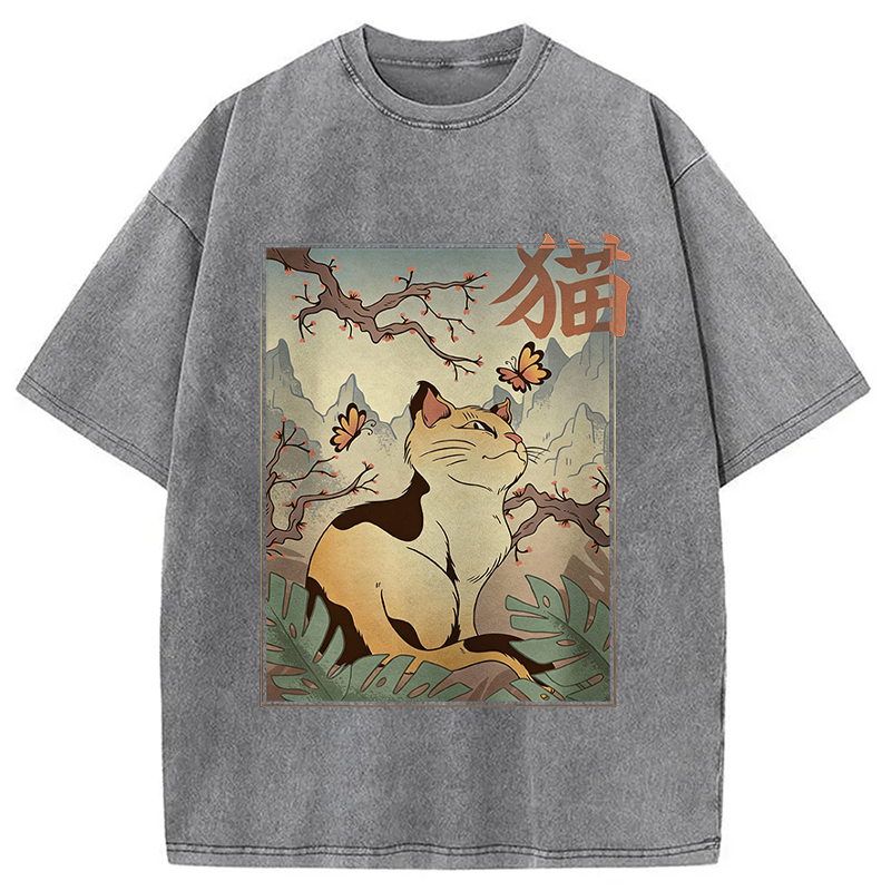Modecanvas Kawaii Cat DTG Printing Washed T-Shirt-modecanvas
