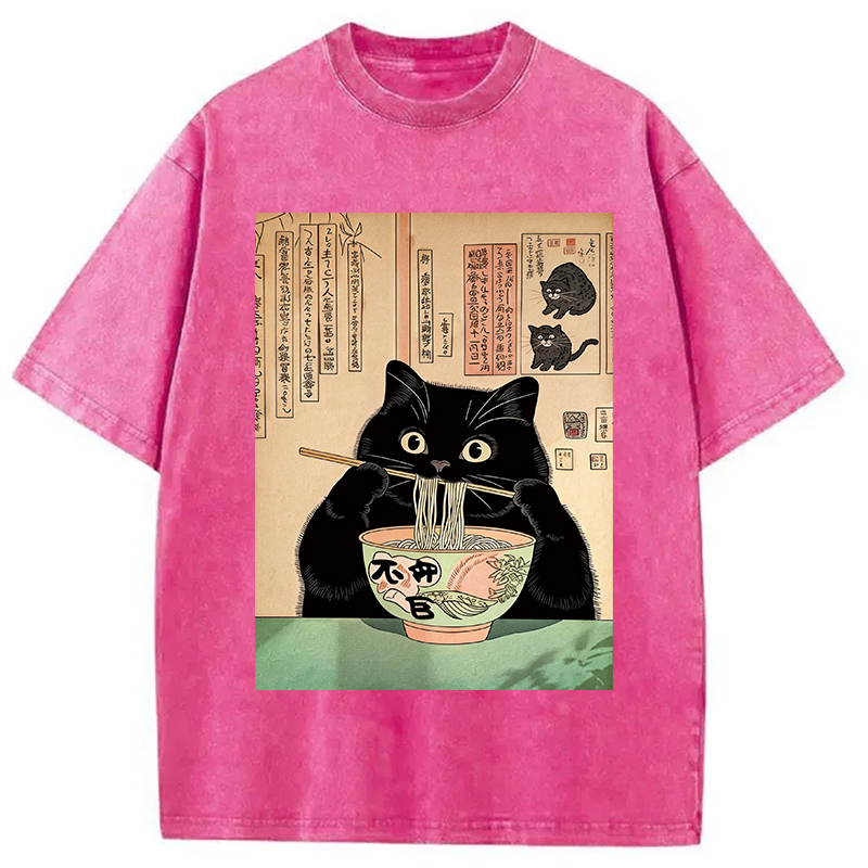 Modecanvas Black Cat Eating Noodles Washed T-Shirt