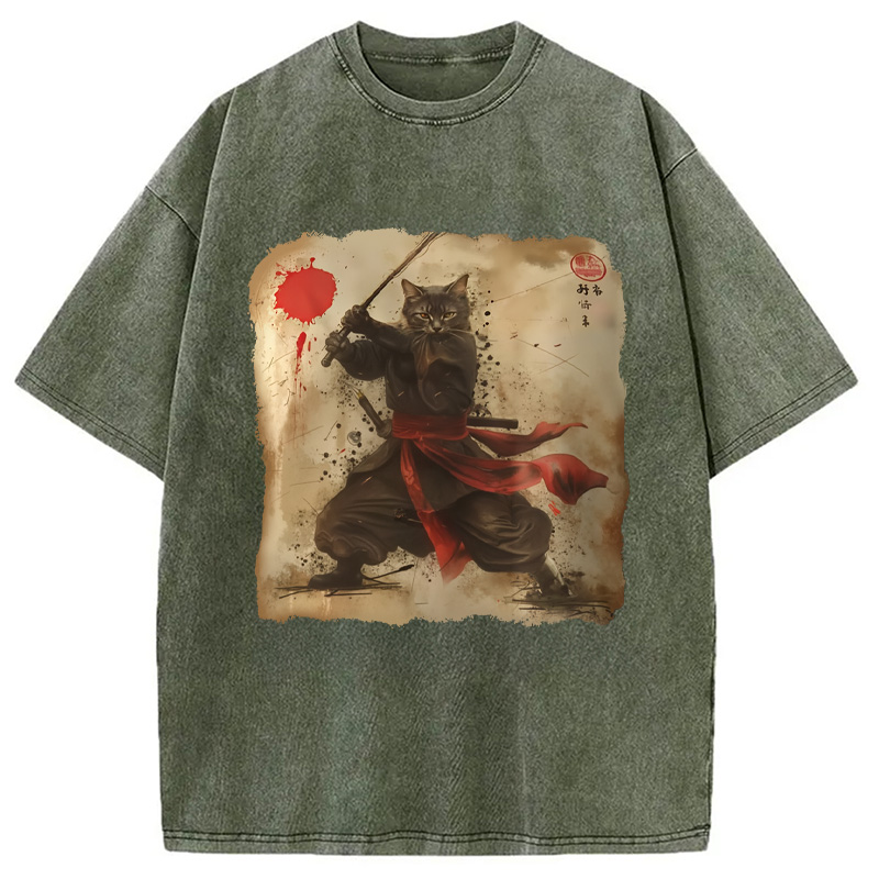 Modecanvas Vintage Samurai Cat Washed T-Shirt