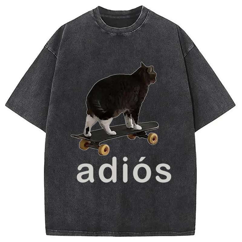 Modecanvas Adios Funny Cat Meme DTG Printing Washed T-Shirt