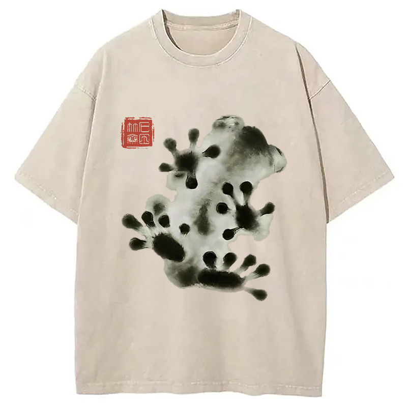 Modecanvas Ink Painting Frog Washed T-Shirt-modecanvas