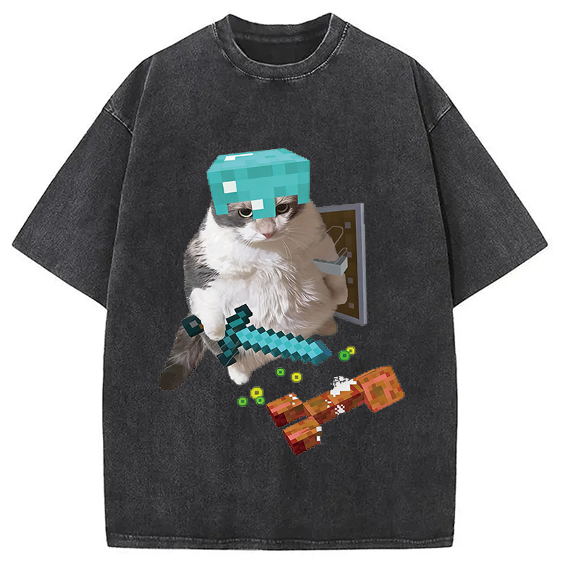 Modecanvas Diamond Armor Cat Creeper Washed T-Shirt