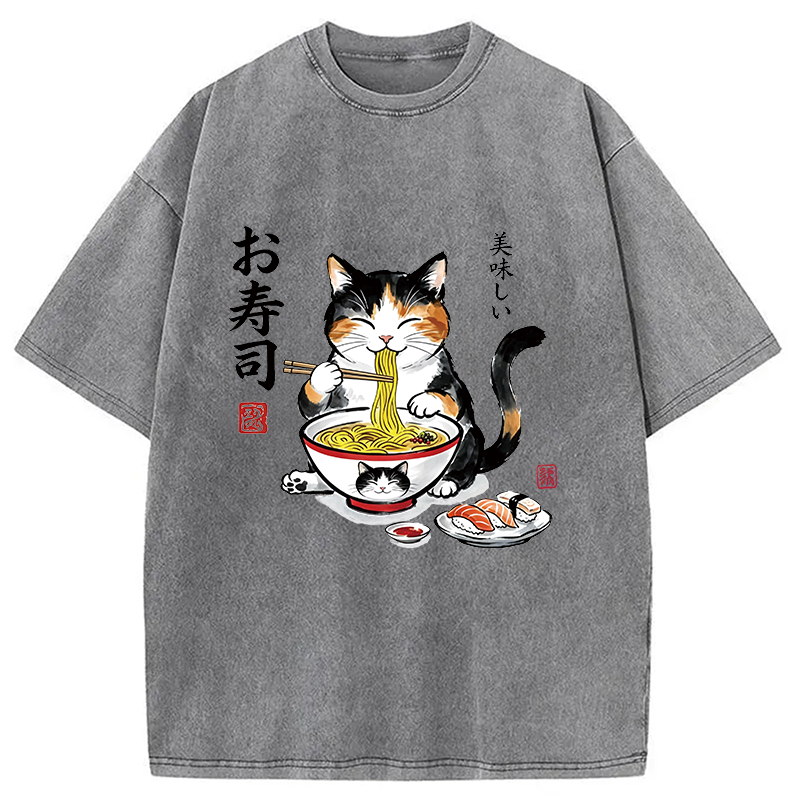 Modecanvas Cats Eat Japanese Food DTG Printing Washed T-Shirt