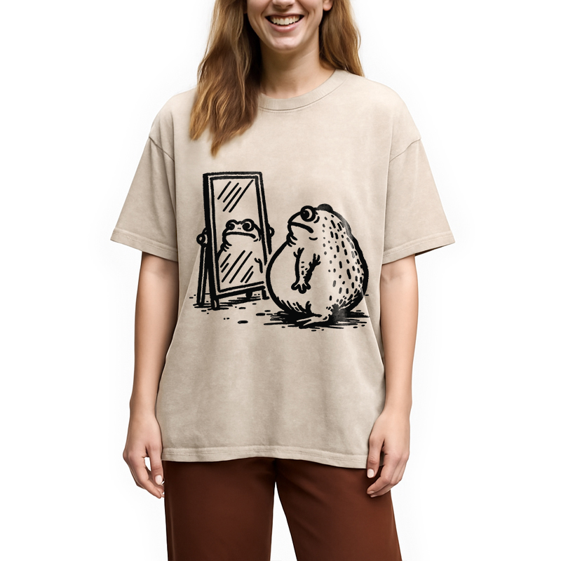 Modecanvas Fat Frog Looking In The Mirror Washed T-Shirt