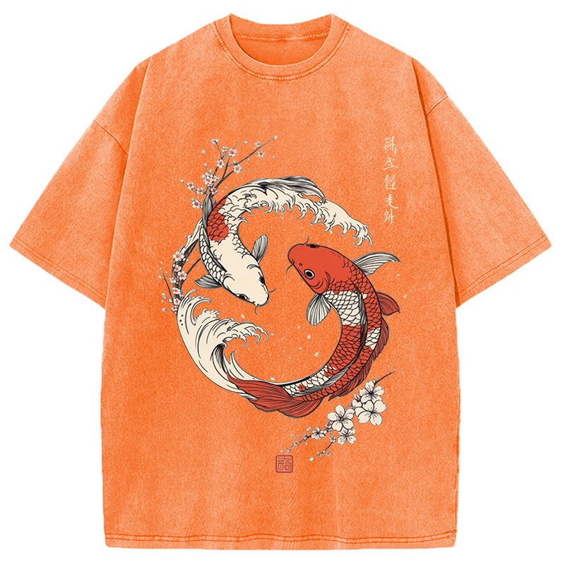 Modecanvas Koi Fish Cherry Blossoms Japanese DTG Printing Washed T-Shirt