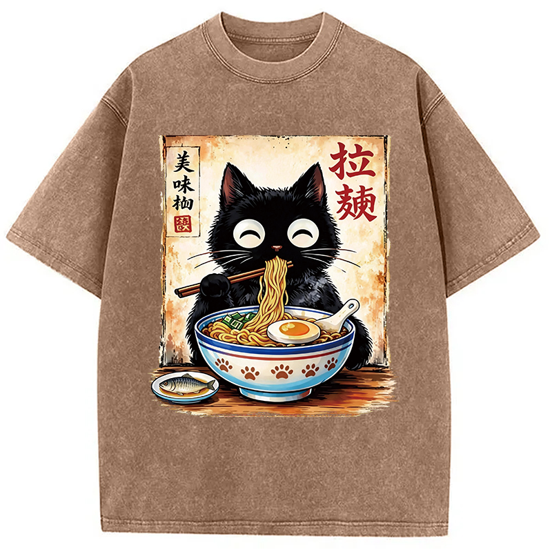 Modecanvas Cute Cat Slurping Ramen DTG Printing Washed T-Shirt