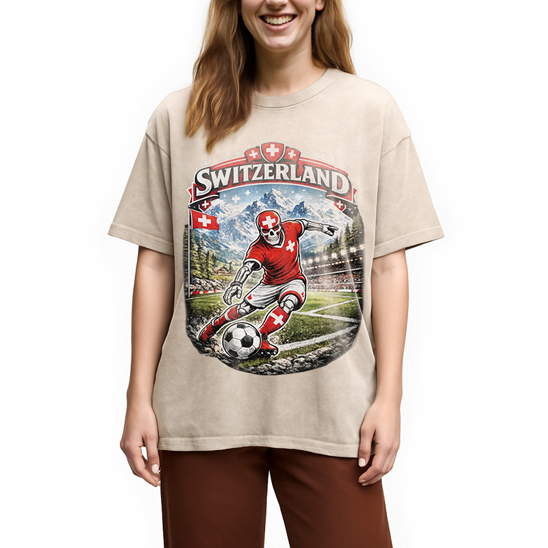 Modecanvas Switzerland Soccer Skull DTG Printing Washed T-Shirt