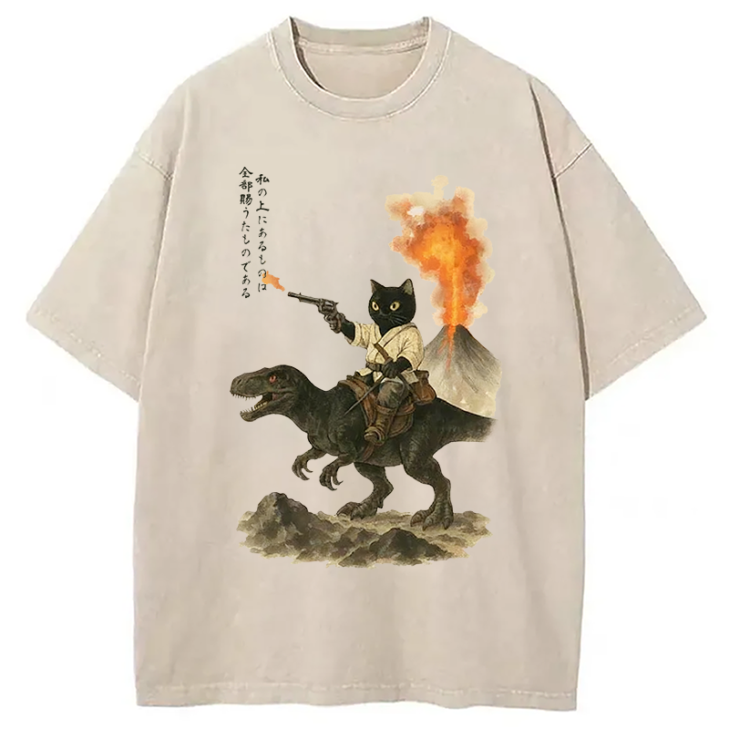 Modecanvas Cat Riding A Dinosaur Washed T-Shirt-modecanvas