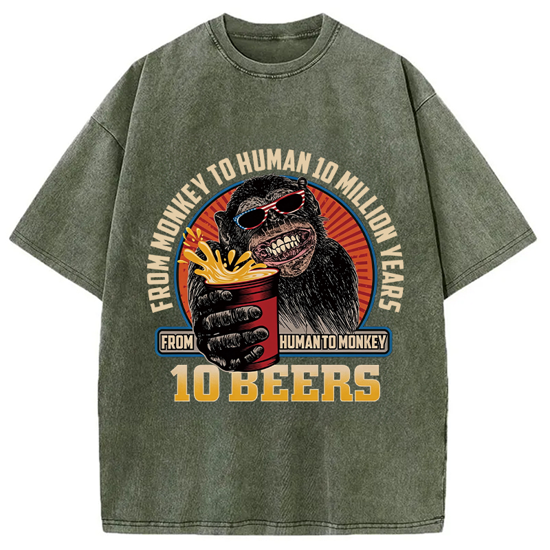 Modecanvas Human To Monkey In 10 Beers Funny Alcohol DTG Printing Washed T-Shirt