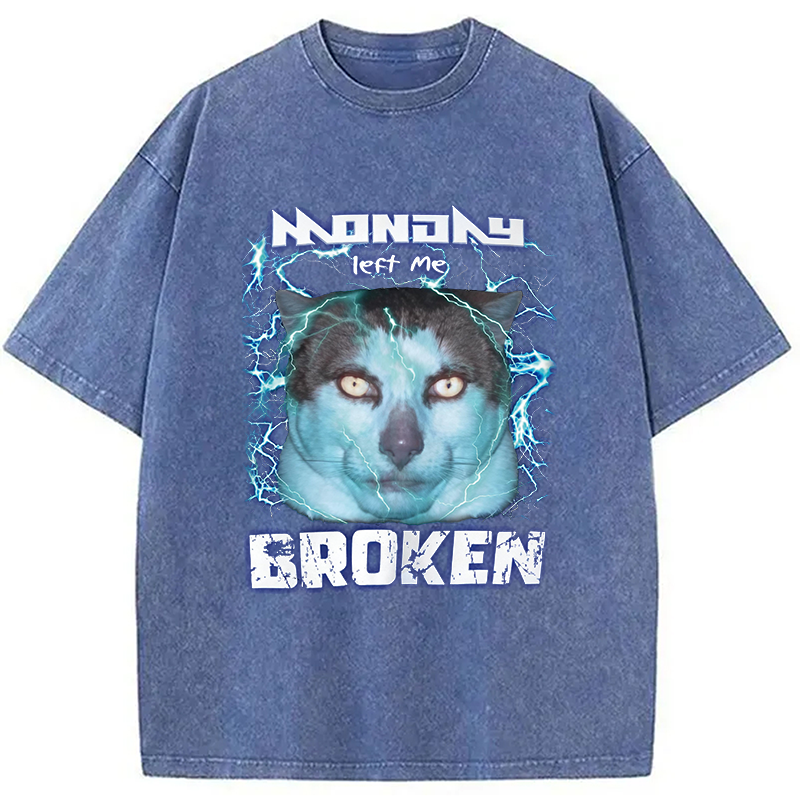 Modecanvas Monday Left Me Broken Cat DTG Printing Washed T-Shirt