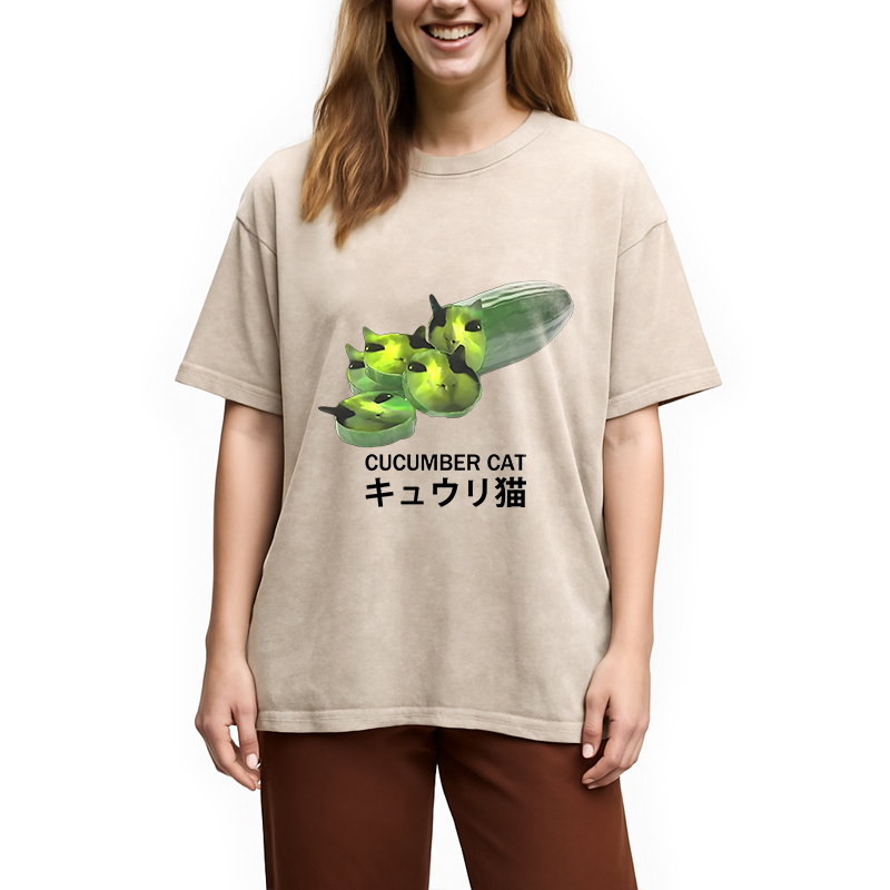 Modecanvas Funny Cucumber Cat Meme Washed T-Shirt