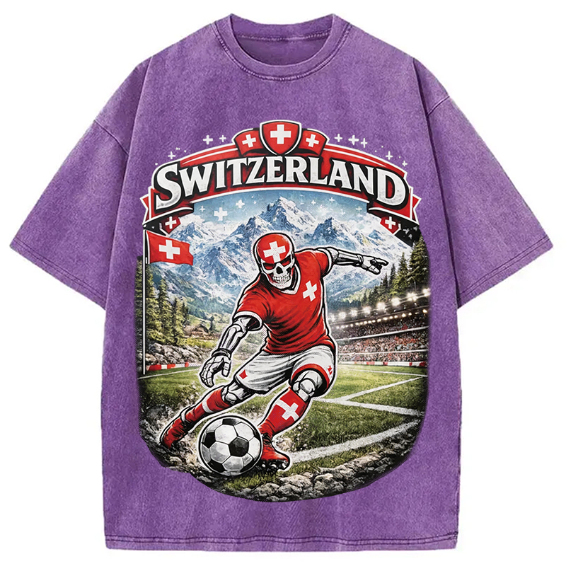 Modecanvas Switzerland Soccer Skull DTG Printing Washed T-Shirt