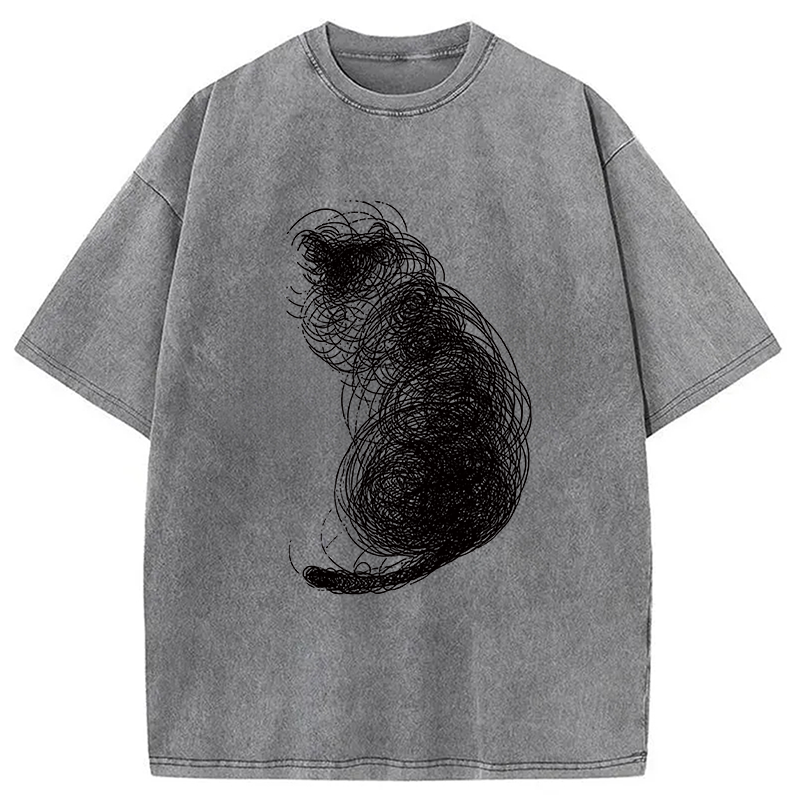 Modecanvas Chaotic Line Art Of A Curled Cat DTG Printing Washed T-Shirt