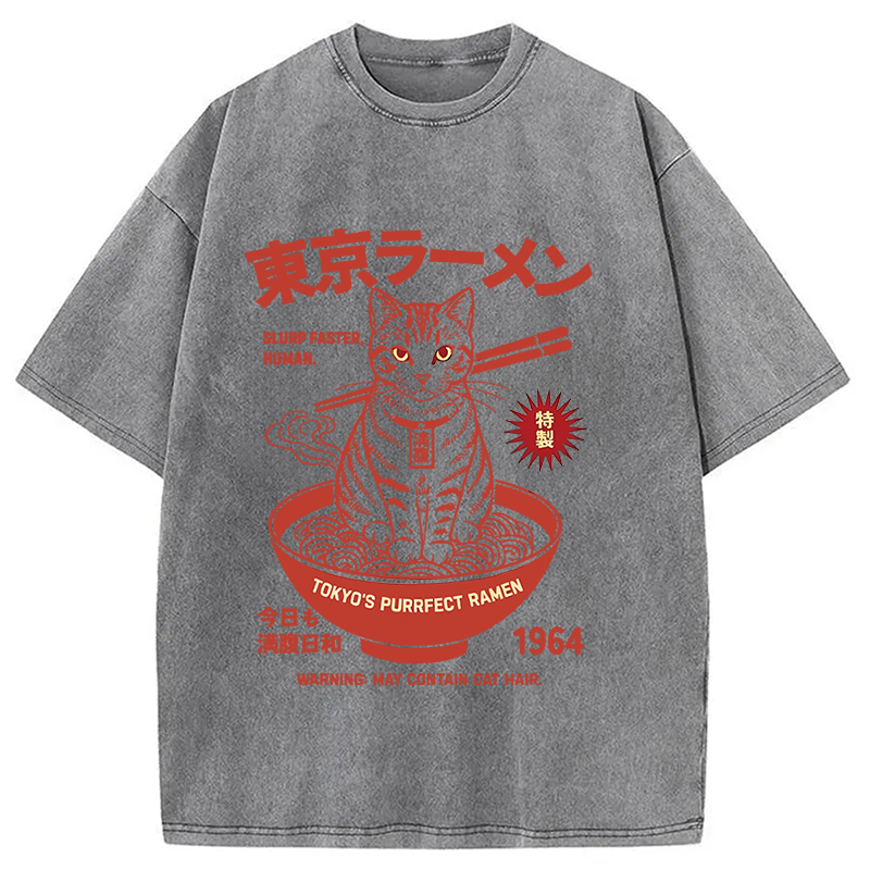 Modecanvas Tokyo Ramen Cat DTG Printing Washed T-Shirt-modecanvas