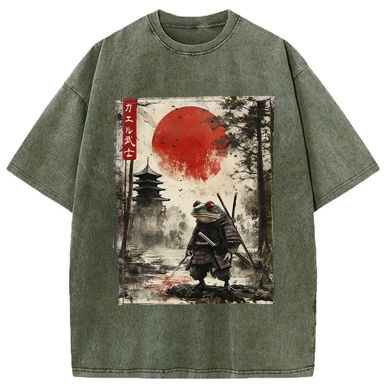 Modecanvas Retro Frog Samurai Japan Washed T-Shirt